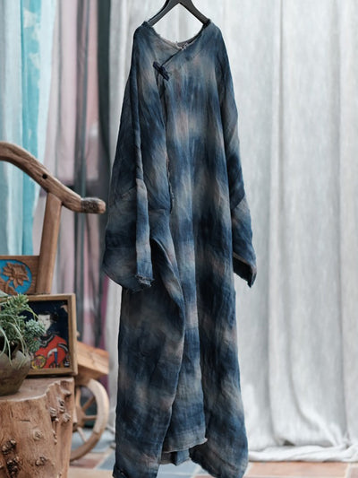 Plus Size Women Summer Retro Print O-Neck Ramie Dress