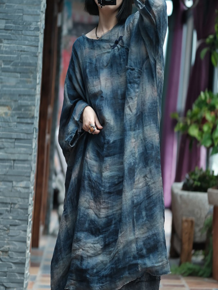 Plus Size Women Summer Retro Print O-Neck Ramie Dress