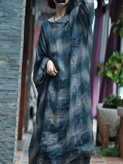 Plus Size Women Summer Retro Print O-Neck Ramie Dress