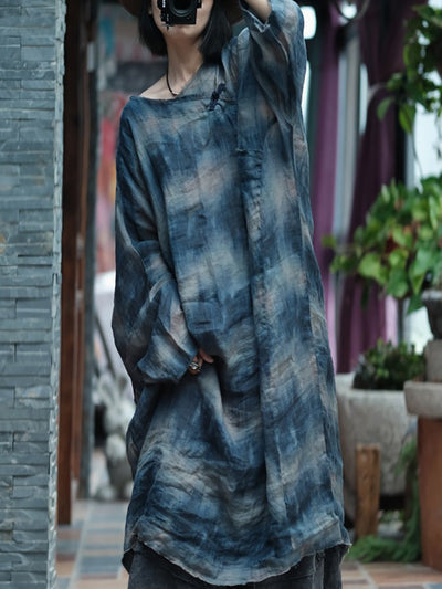 Plus Size Women Summer Retro Print O-Neck Ramie Dress