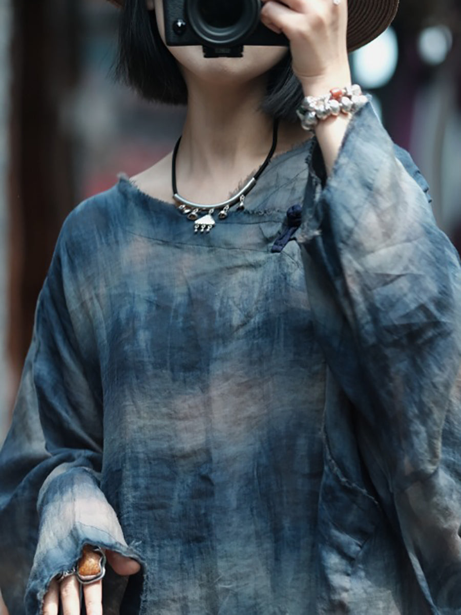 Plus Size Women Summer Retro Print O-Neck Ramie Dress