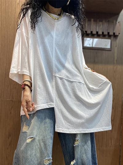 Plus Size Women Summer Casual Irregular Spliced O-Neck Cotton Shirt