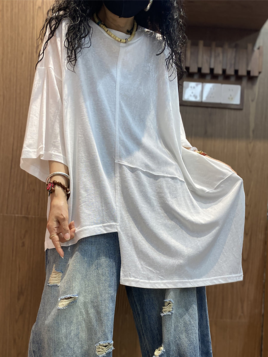 Plus Size Women Summer Casual Irregular Spliced O-Neck Cotton Shirt