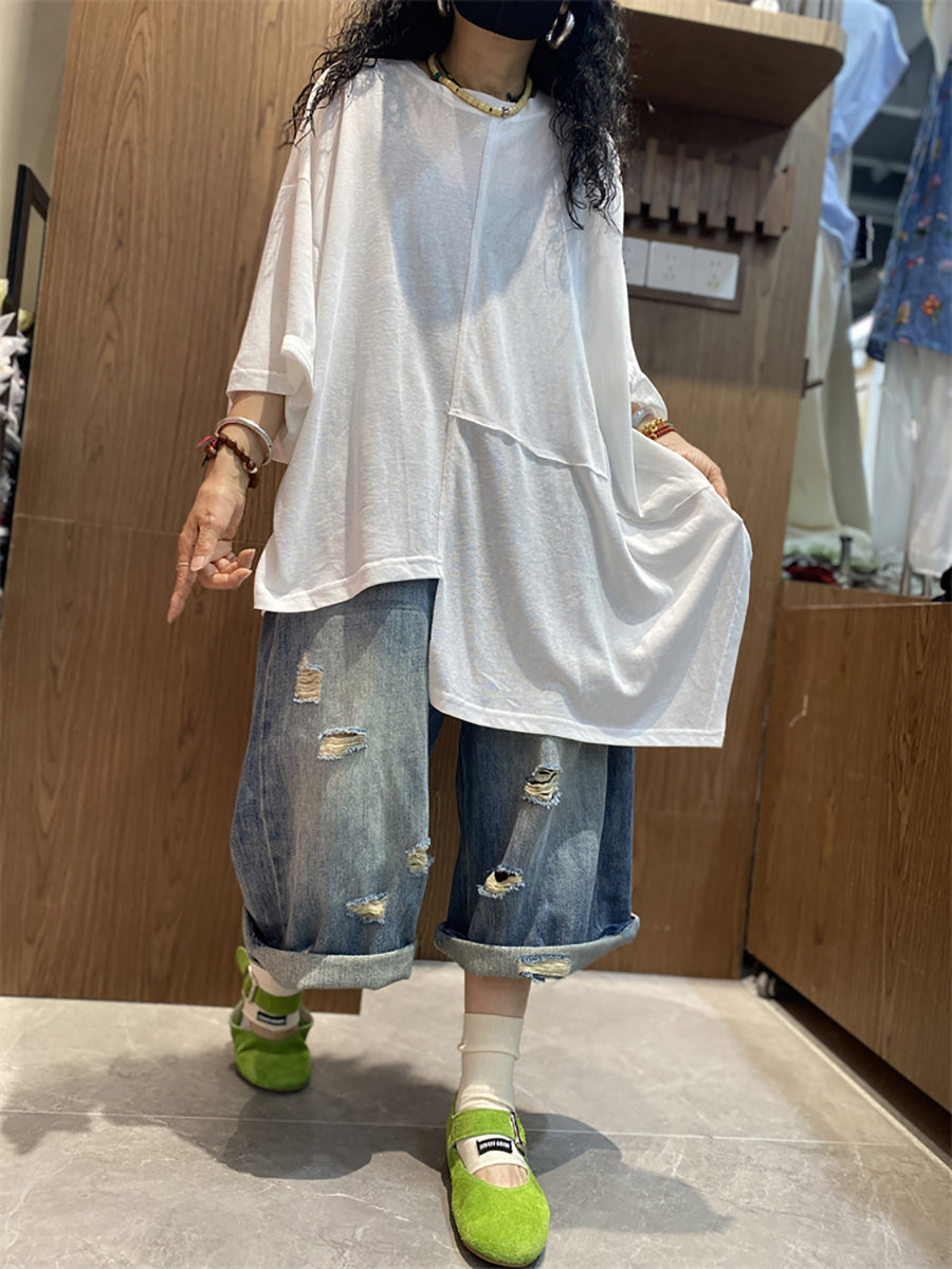 Plus Size Women Summer Casual Irregular Spliced O-Neck Cotton Shirt