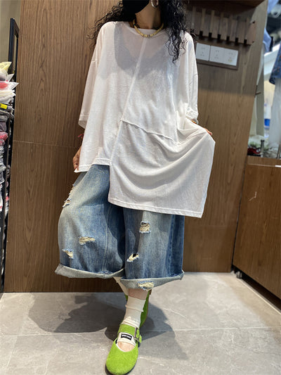 Plus Size Women Summer Casual Irregular Spliced O-Neck Cotton Shirt