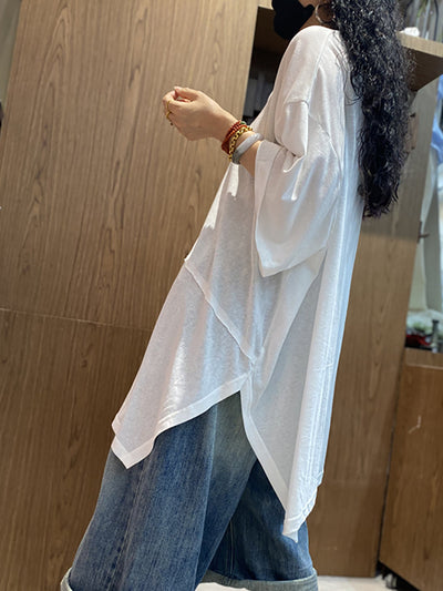 Plus Size Women Summer Casual Irregular Spliced O-Neck Cotton Shirt