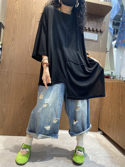 Plus Size Women Summer Casual Irregular Spliced O-Neck Cotton Shirt