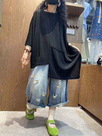 Plus Size Women Summer Casual Irregular Spliced O-Neck Cotton Shirt