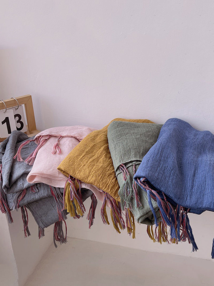 Women Artsy Pure Color Tassel Shawl Scarf