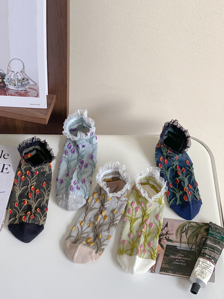 5 Pairs Women Summer Artsy Flower Embossment Socks