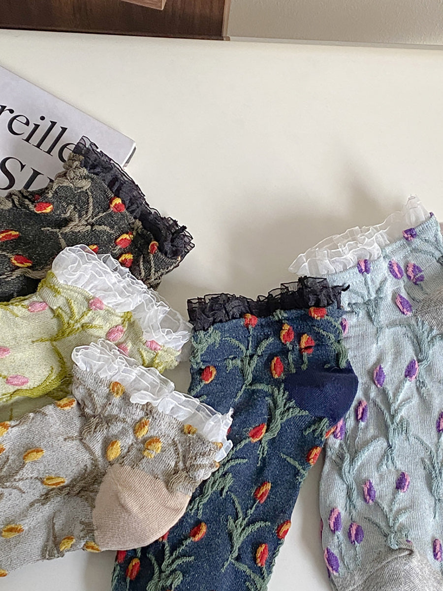 5 Pairs Women Summer Artsy Flower Embossment Socks