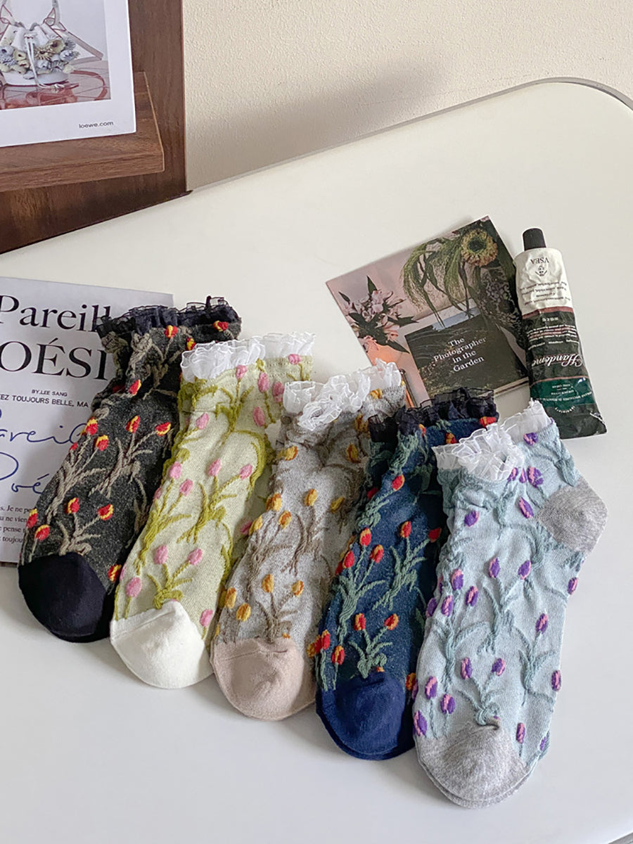 5 Pairs Women Summer Artsy Flower Embossment Socks