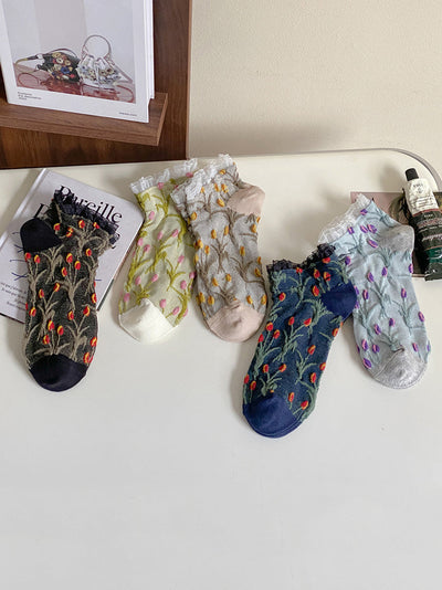 5 Pairs Women Summer Artsy Flower Embossment Socks