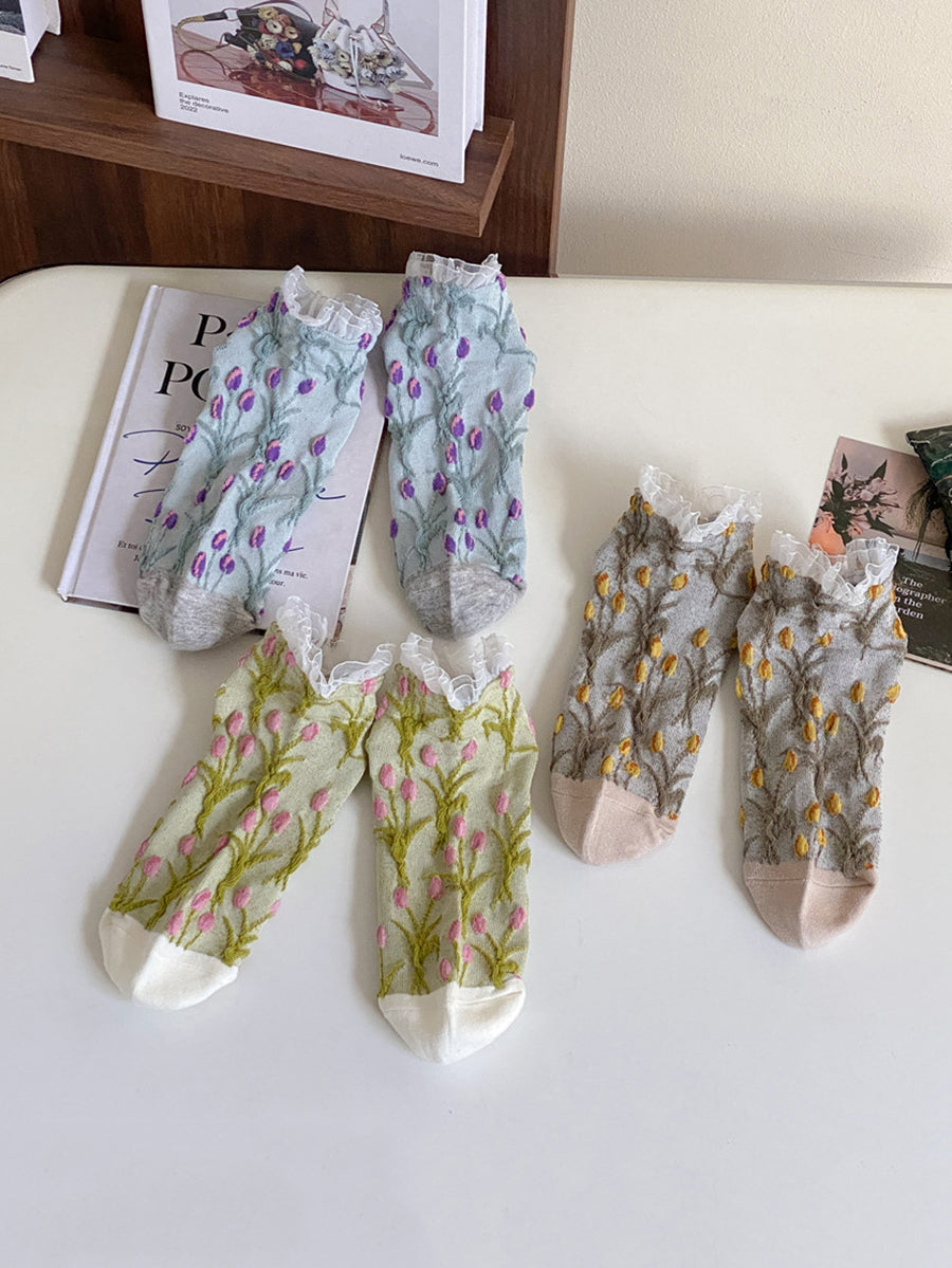 5 Pairs Women Summer Artsy Flower Embossment Socks