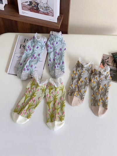 5 Pairs Women Summer Artsy Flower Embossment Socks
