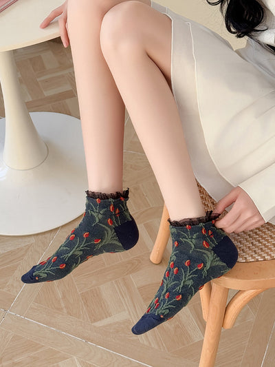 5 Pairs Women Summer Artsy Flower Embossment Socks