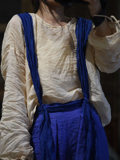 Women Summer Artsy Pure Color O-Neck Ramie Shirt