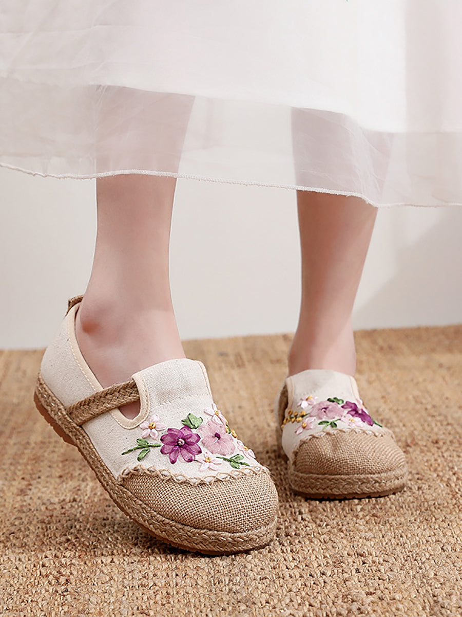 Women Summer Ethnic Ribbon Flower Cloth Flat Shoes