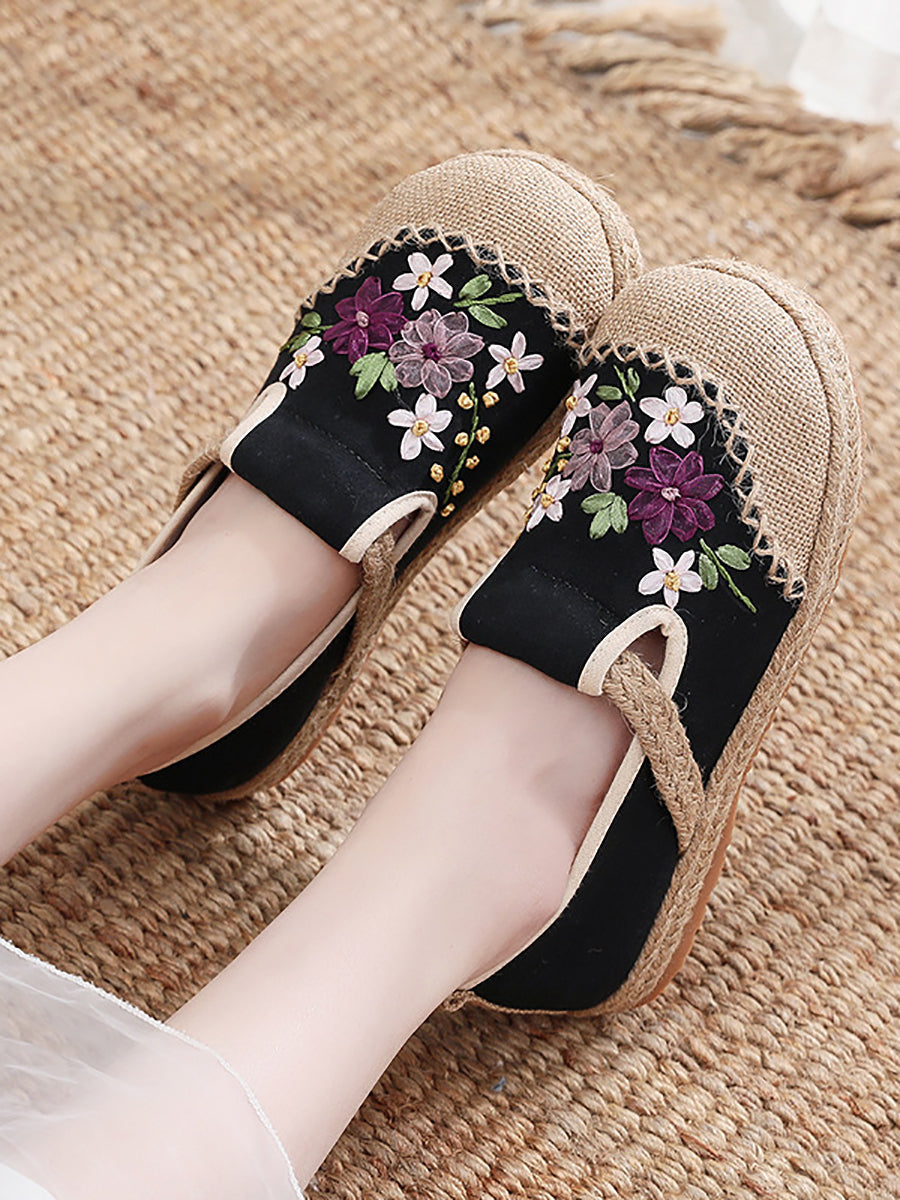 Women Summer Ethnic Ribbon Flower Cloth Flat Shoes