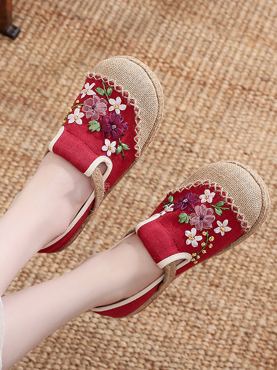 Women Summer Ethnic Ribbon Flower Cloth Flat Shoes