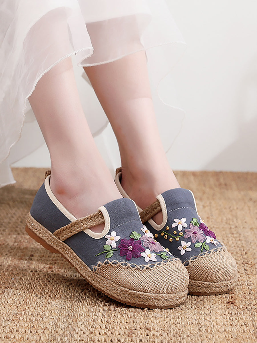 Women Summer Ethnic Ribbon Flower Cloth Flat Shoes