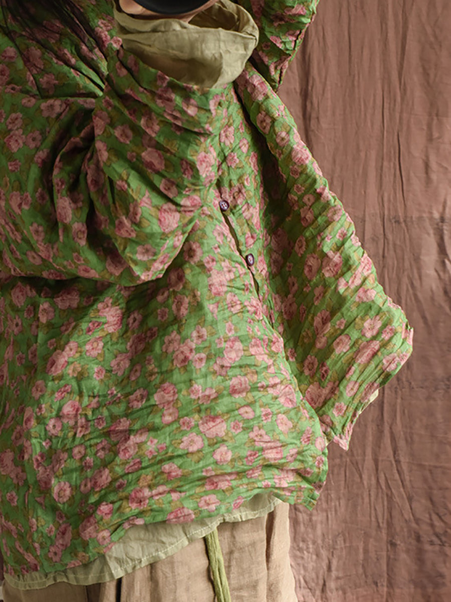 Women Summer Artsy Floral O-Neck Ramie Shirt