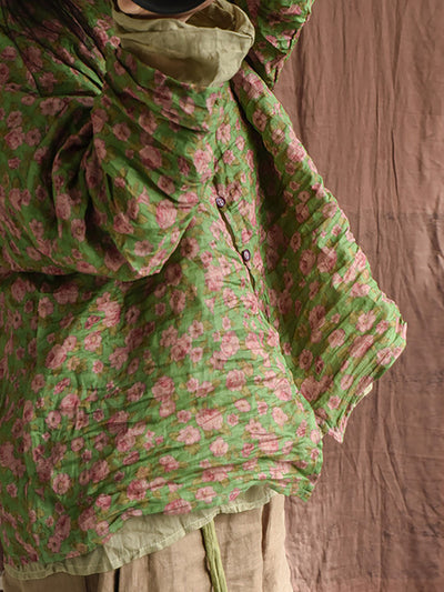 Women Summer Artsy Floral O-Neck Ramie Shirt