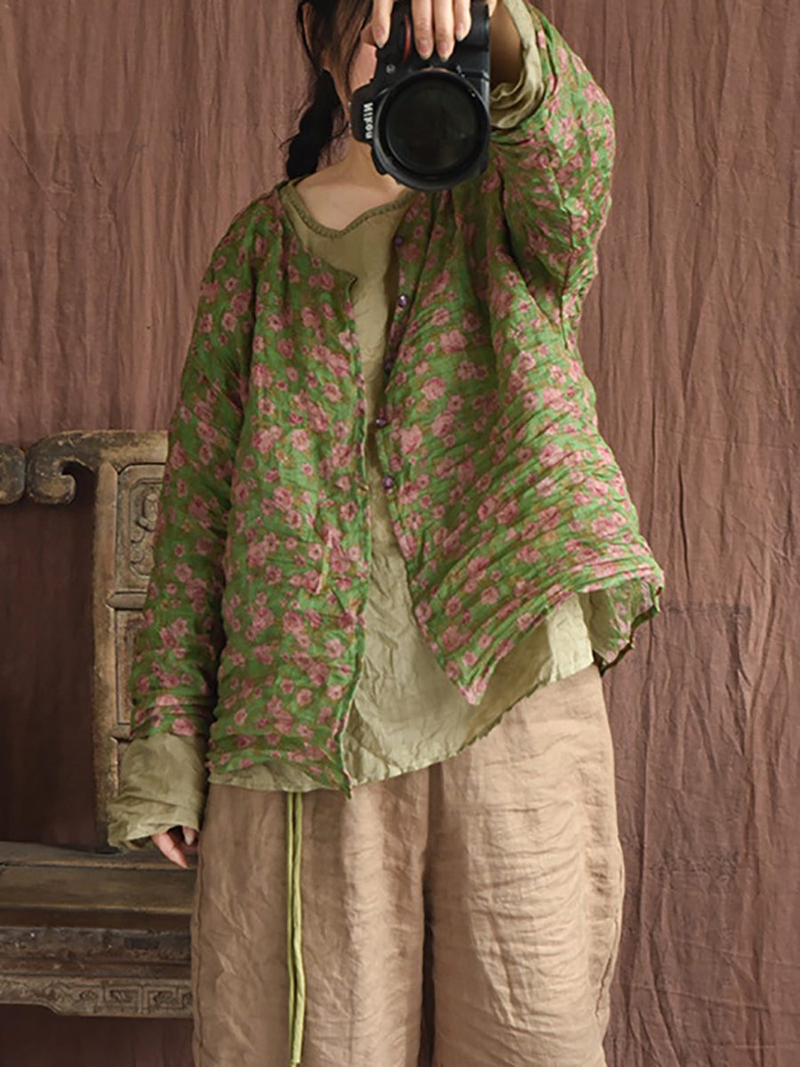 Women Summer Artsy Floral O-Neck Ramie Shirt