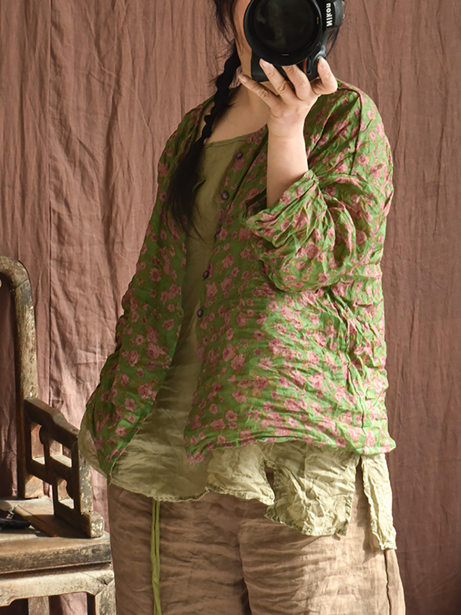 Women Summer Artsy Floral O-Neck Ramie Shirt