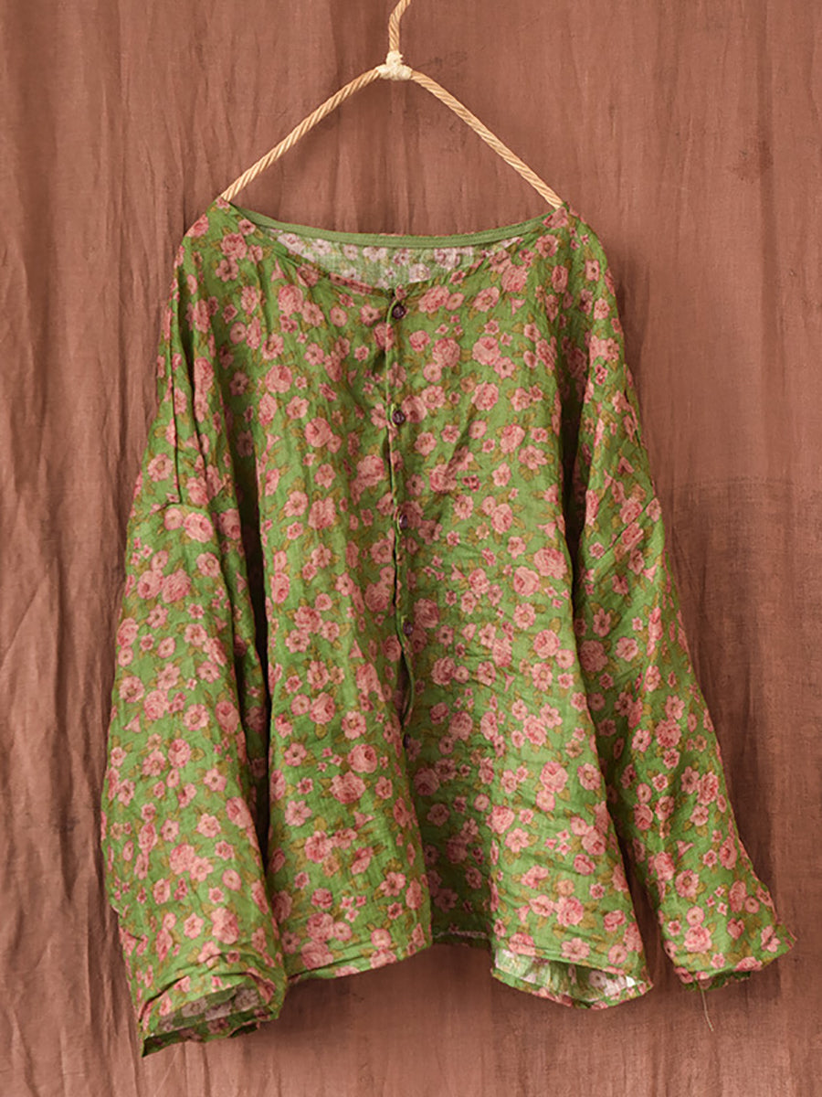 Women Summer Artsy Floral O-Neck Ramie Shirt