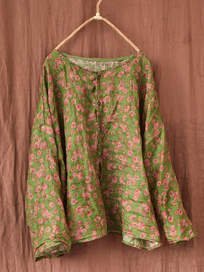 Women Summer Artsy Floral O-Neck Ramie Shirt