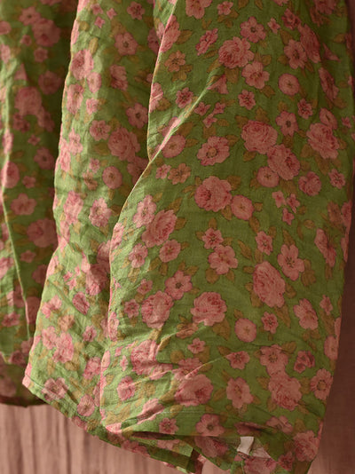 Women Summer Artsy Floral O-Neck Ramie Shirt