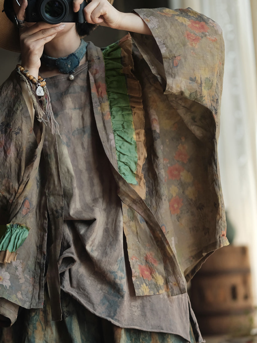 Women Summer Retro Flower Colorblock V-Neck Linen Shirt