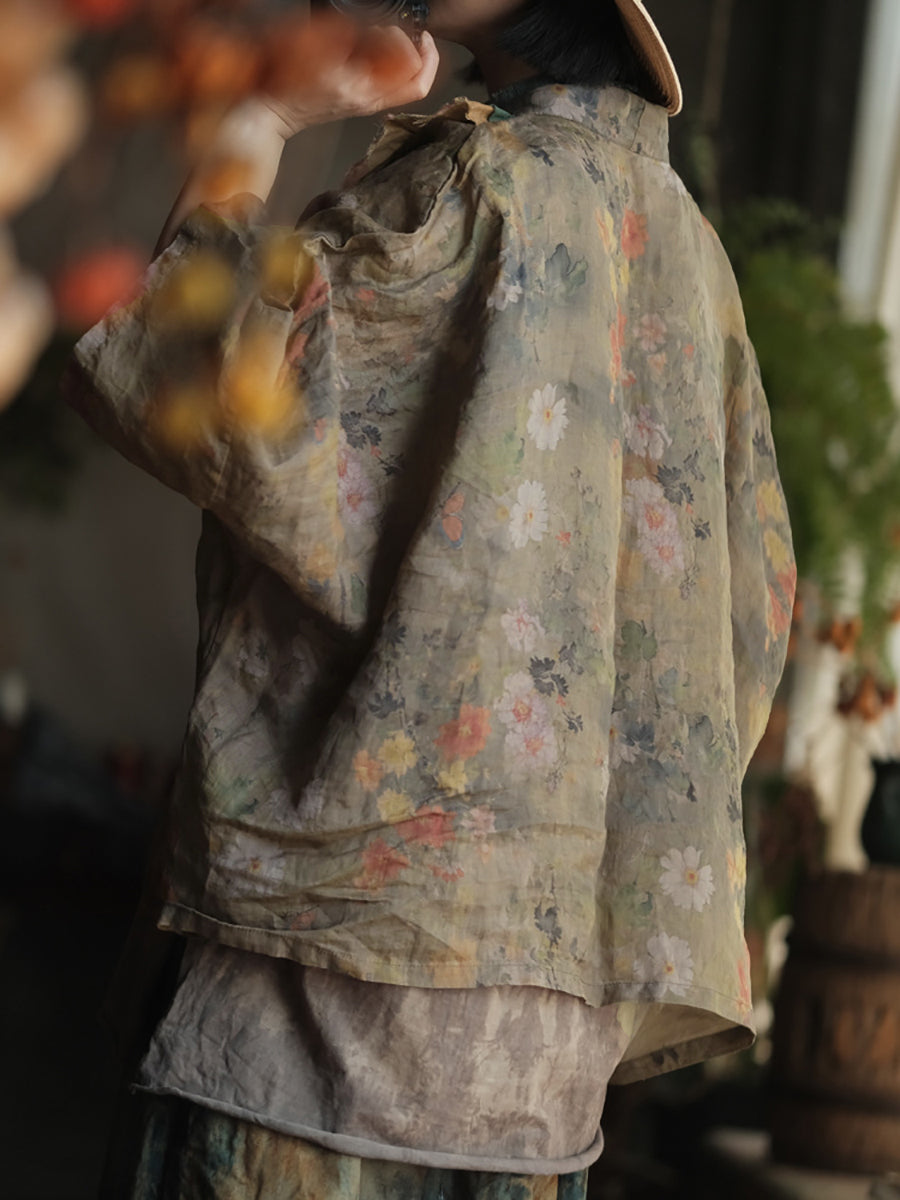 Women Summer Retro Flower Colorblock V-Neck Linen Shirt