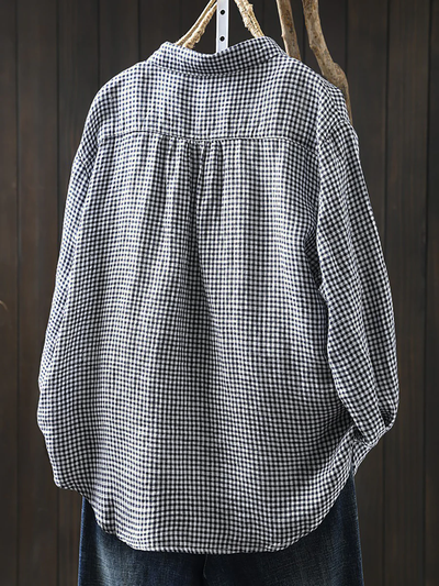 Plus Size Women Lattice Linen Cotton Turn-down Collar Shirt