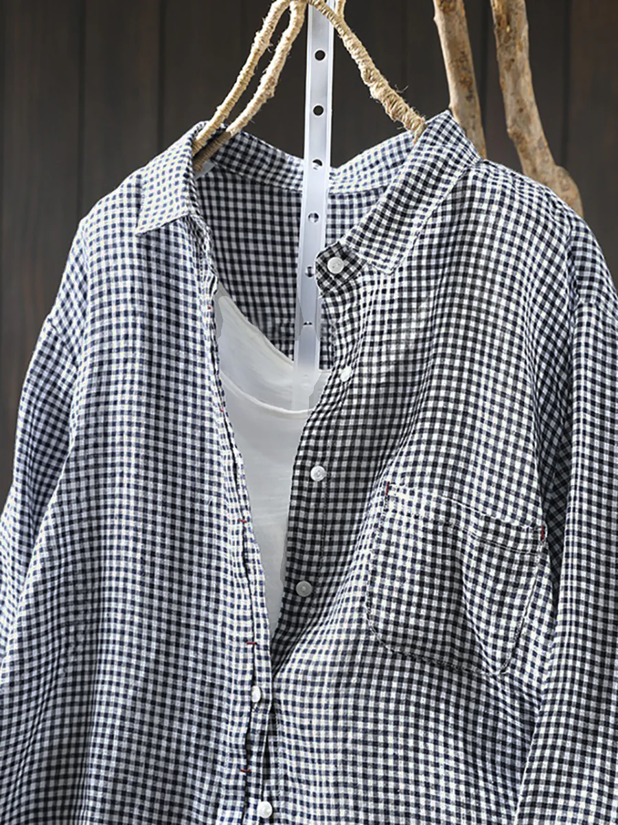 Plus Size Women Lattice Linen Cotton Turn-down Collar Shirt