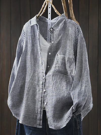 Plus Size Women Lattice Linen Cotton Turn-down Collar Shirt
