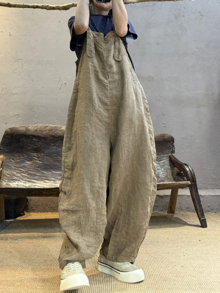 Plus Size Women Summer Retro Pure Color Linen Loose Jumpsuits