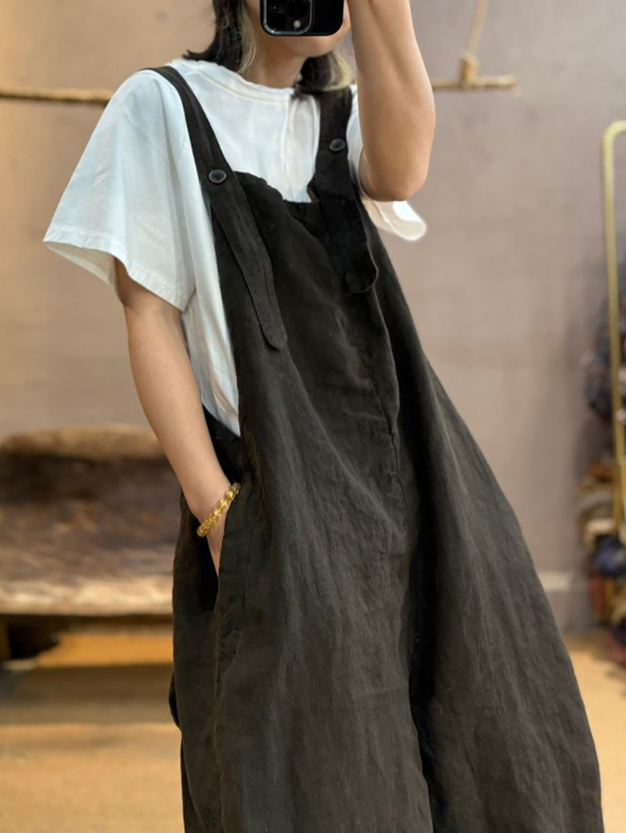 Plus Size Women Summer Retro Pure Color Linen Loose Jumpsuits