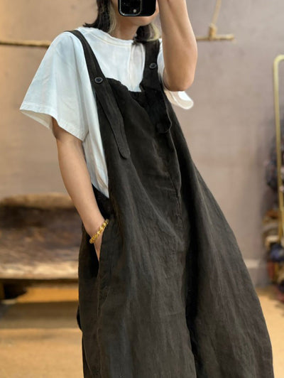 Plus Size Women Summer Retro Pure Color Linen Loose Jumpsuits