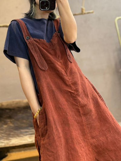 Plus Size Women Summer Retro Pure Color Linen Loose Jumpsuits