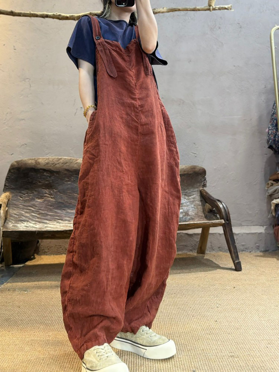 Plus Size Women Summer Retro Pure Color Linen Loose Jumpsuits