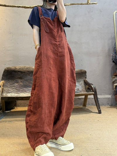 Plus Size Women Summer Retro Pure Color Linen Loose Jumpsuits