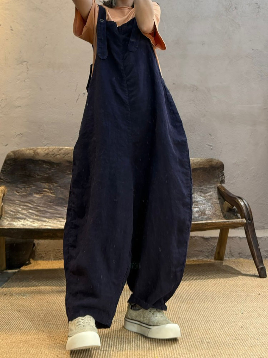 Plus Size Women Summer Retro Pure Color Linen Loose Jumpsuits
