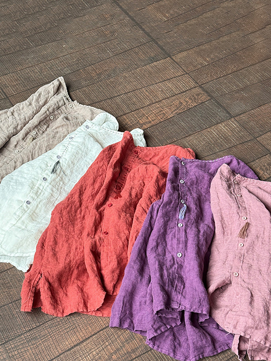 Women Summer Casual Pure Color O-Neck Linen Shirt