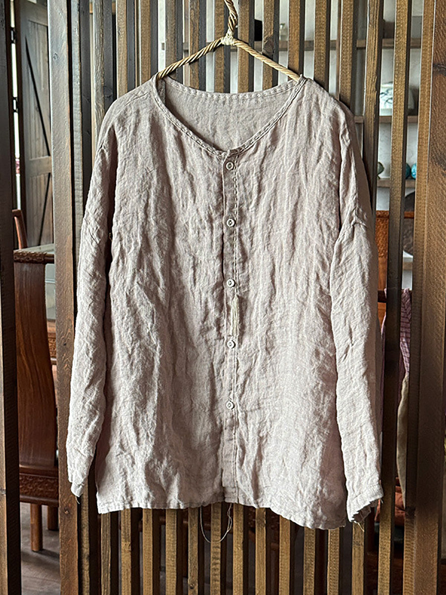 Women Summer Casual Pure Color O-Neck Linen Shirt