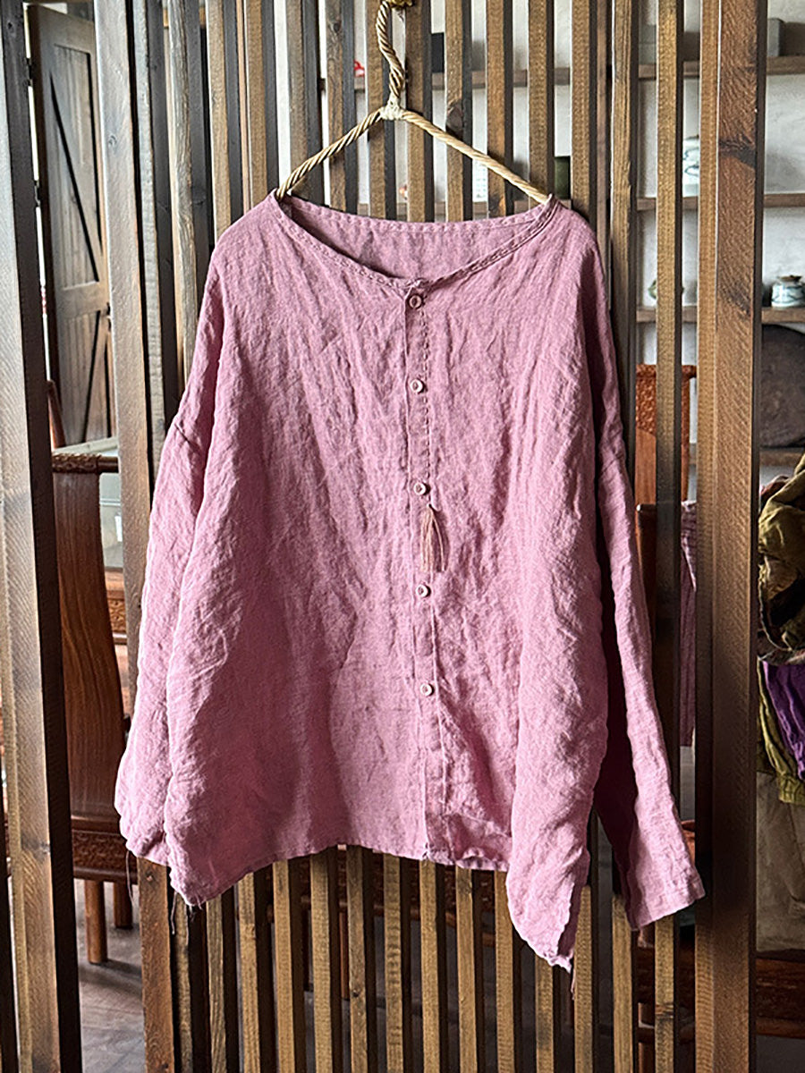 Women Summer Casual Pure Color O-Neck Linen Shirt