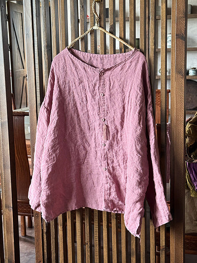 Women Summer Casual Pure Color O-Neck Linen Shirt