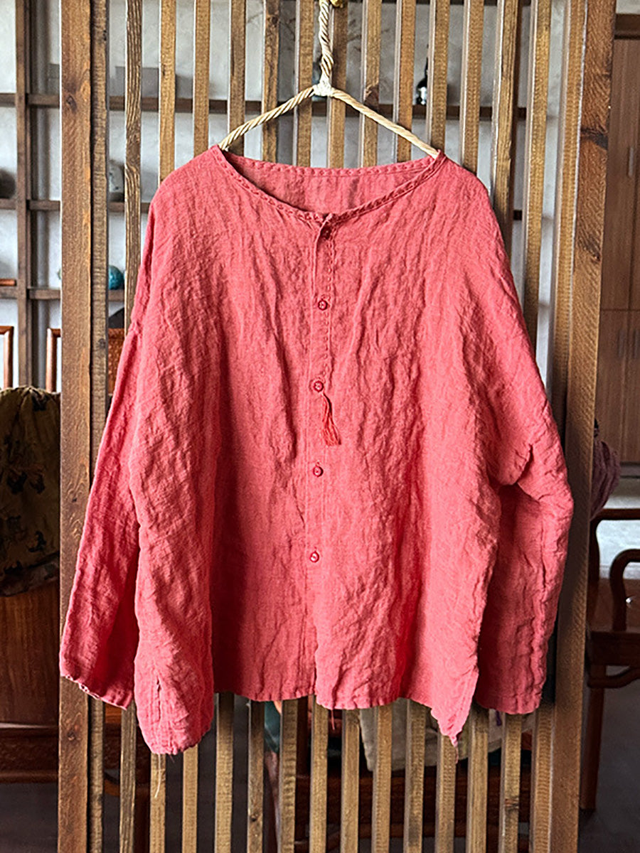 Women Summer Casual Pure Color O-Neck Linen Shirt