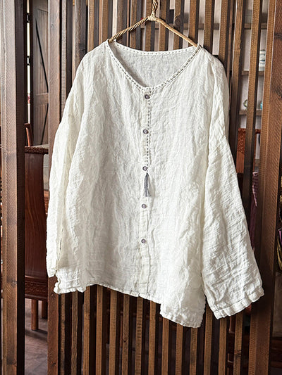 Women Summer Casual Pure Color O-Neck Linen Shirt